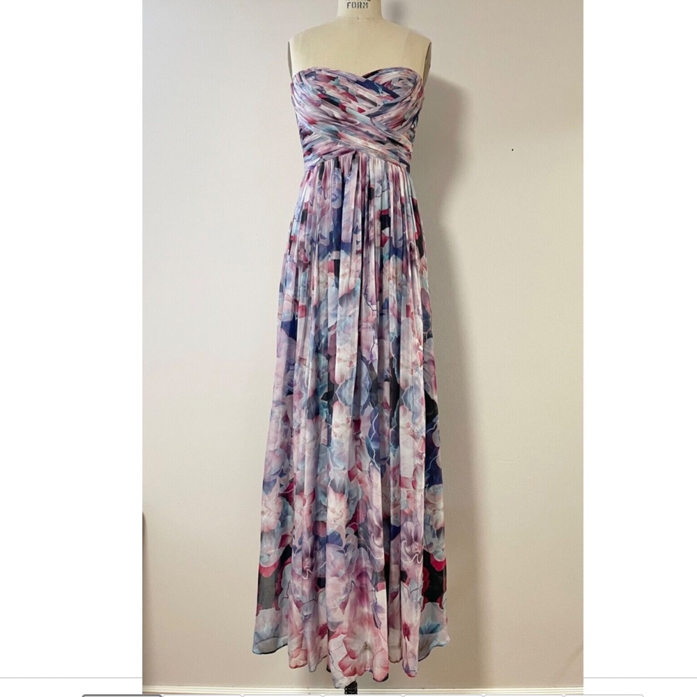 BARIANO Australia Blue Purple Floral Print Strapless Maxi Dress Size M - Great